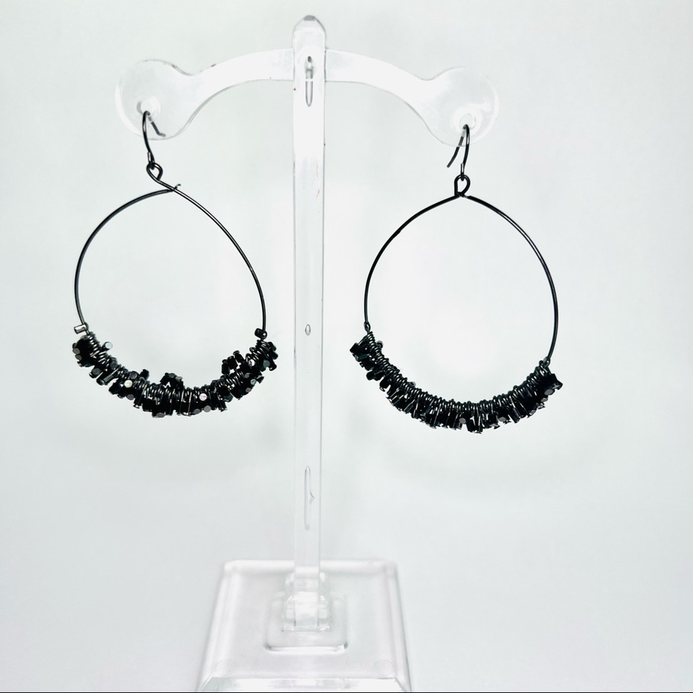 Drop Wire Earrings with Black Beads